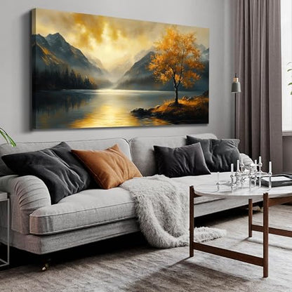 Ouzzlie Tree Wall Art for Gold Canvas Art Living Room - color: Yellow, size: 59"L x 29"W