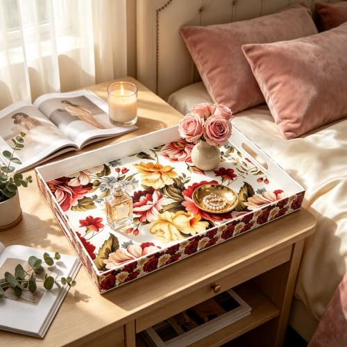Serving Tray with Handles, 15.7 * 11.8 inches, Plastic Ottoman Tray with Exquisite Paintings, Trays for Coffee Table - color: Red Bloom