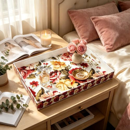 Serving Tray with Handles, 15.7 * 11.8 inches, Plastic Ottoman Tray with Exquisite Paintings, Trays for Coffee Table - color: Red Bloom
