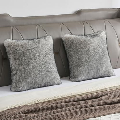 FUTEI Pack of 2 Faux Raccoon Fur Throw Pillow Covers 45 x 45 cm, Beige Gray - color: Beige Gray