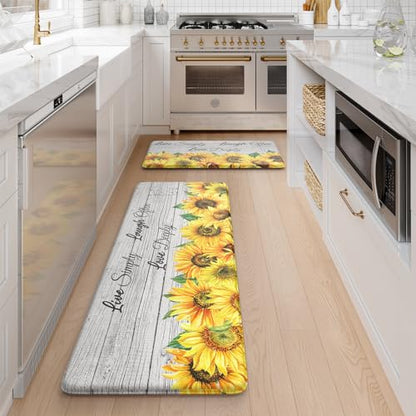 KIMODE Anti Fatigue Kitchen Mat, Farmhouse Sunflower Kitchen Rugs Sets of 2 - color: Sunflower/White, size: 47"L x 17.3"W x 0.47"Th + 29"L x 17.3"W x 0.47"Th