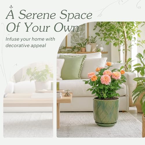 7.2 Inch Modern Ceramic Glaze Plant Pot with Drainage Hole,Mesh Net,Saucer,Indoor Outdoor Planter(Leaf-Green) - color: Leaf-green