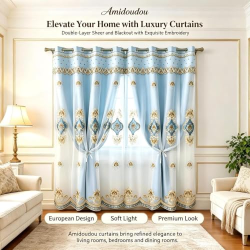 Amidoudou 1 Pair European Double Layer Curtains with Sheer Curtains for Living Room Bedroom Luxury Embroidered Blackout Curtains (Blue,52x90 Inch) - color: Blue, size: 52"W x 90"L (Pack of 2)