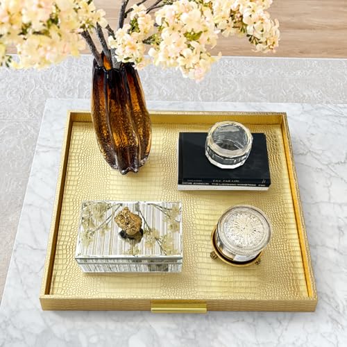 HofferRuffer Extra Large Square Serving Tray, Elegant Faux Leather Ottoman Tray with Gold Hardware Handles, Serve Tea, Coffee or Breakfast in Bed, 24 x 24 inches (Gold, 24" x 24" x 2") - color: Gold, size: 24" x 24" x 2"