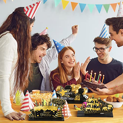 Leinuosen 6 Pcs Happy Birthday Table Centerpiece Black and Gold Sign - color: Black and Gold