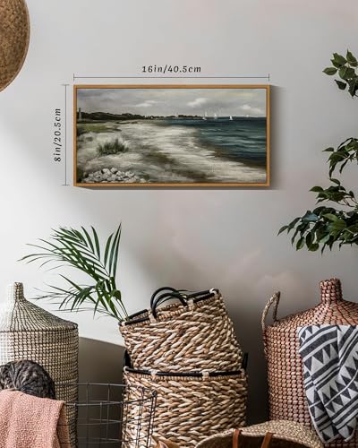 SHENIFY Vintage Framed Wall Art Seaside Coastal Landscape Painting Retro Beach Scenery Farmhouse Kitchen Living Room Decor - 8x16in Natural Framed - color: Blue Coastal, size: 16"L x 8"W