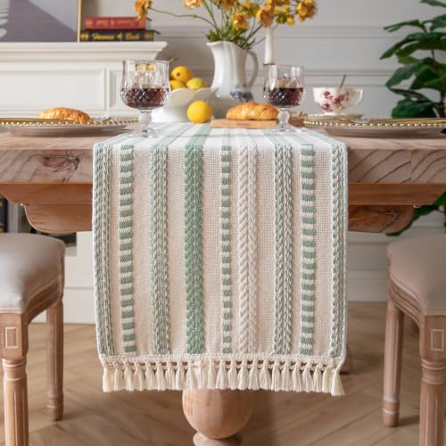 Caflife Sage Green and Beige Woven Rustic Boho Table Runner 90 Inchs Long - color: Sage Green, size: 13x90Inch