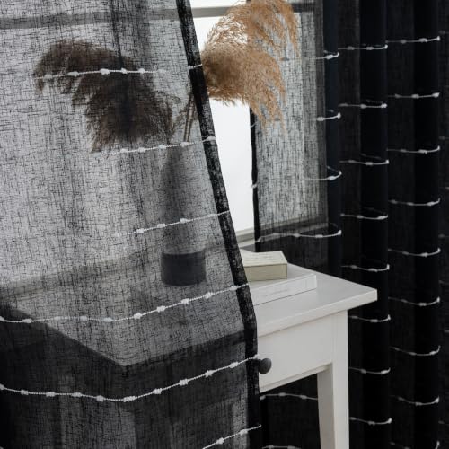 Black Sheer Curtains 63 Inch Faux Linen Boho Striped 2 Panels - color: Black, size: 52"W x 63"L (Pack of 2)