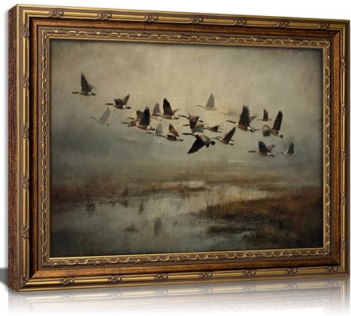 Vintage Gold Framed Wall Art, Flying Wild Ducks Over Marsh Oil Painting Print, Rustic Nature Landscape Decor for Living Room, Bedroom, Cabin, Ready to Hang - color: Flying Duck, size: 11"L x 9"W