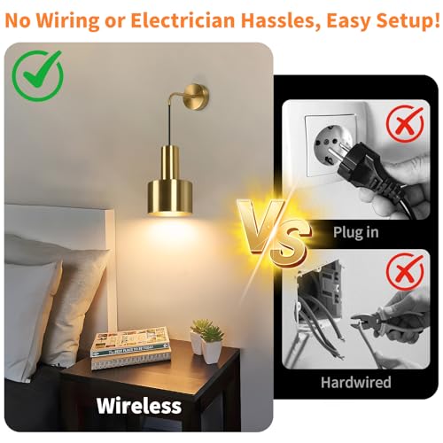 VerRon Rechargeable Wireless Battery Operated Wall Sconces Set of Two - color: Gold & Gold, size: Rechargeable Battery Powered