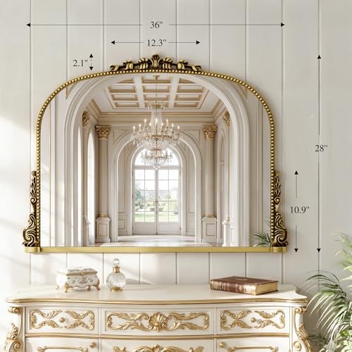 26x38 inch Vintage Arched Gold Ornate Baroque Mirror - Wall Vanity Mirror with Beautiful Retro Top and Bottom Engraving Process Frame for Bathroom, Living Room, Fireplace, Entryway, HD Tempered Glass - color: Elegant Gold, size: 28"L x 36"W