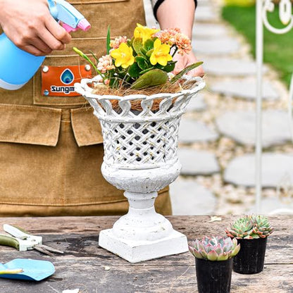 Sungmor Cast Iron White Urn Planter - 10 Inches Hollow Trophy-Shaped Design - color: Antique White - Urn