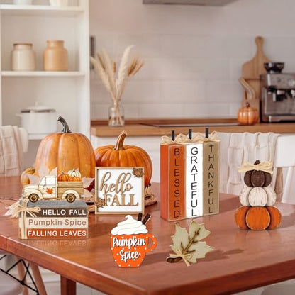 11 Pcs Fall Table Decorations Autumn Pumpkin Wooden Decorative Set Featuring Blessings Gratitude and Appreciation Sign for Thanksgiving Various Occasions Family Dining Kitchens Offices - style: Pumpkins