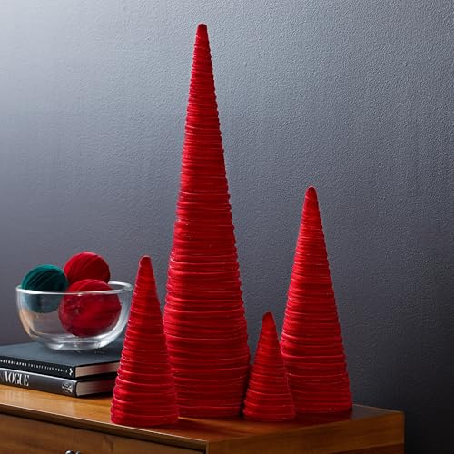 Your Heart's Content Red Velvet Trees Set of 4, Luxurious Handcrafted Valentine Tree, Cozy Mantel Accent, Elegant Entryway Shelf Sitter, Winter Wedding Centerpiece (Red) - color: Red