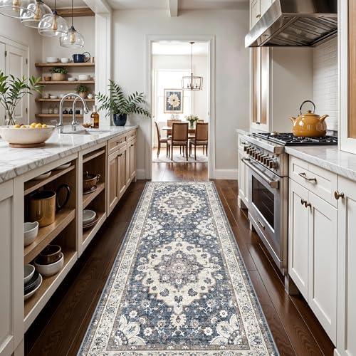 3x8 Washable Hallway Runner Rug: Water Resistant Kitchen Carpet with Non-Slip Backing Indoor Oriental Low Pile Rugs for Bedroom Laundry Ultra Thin Floor Mat Home Decor Gifts for Households (3x8,Blue) - color: Blue, size: 3' x 8' (Rectangular)
