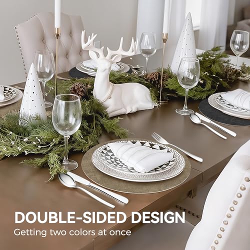 NCUE 13" Faux Leather Round Placemats Set of 4, Reversible Dual-Color - color: Deep Gray Light Coffee