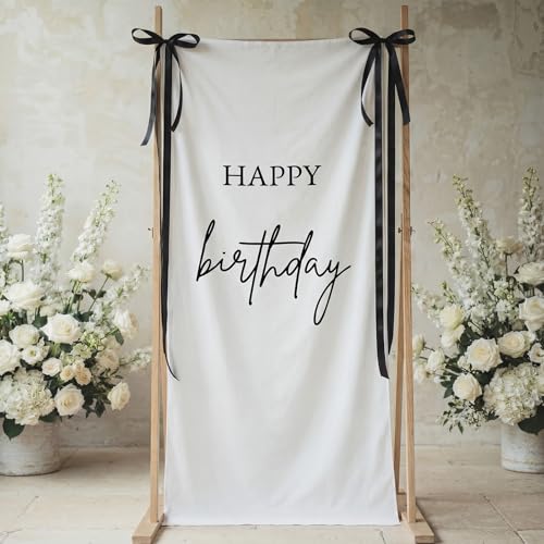 Tingjoo 27x78" Happy Birthday Banner White, Black Backdrop Bow Hanging - color: White, Black, style: Happy Birthday