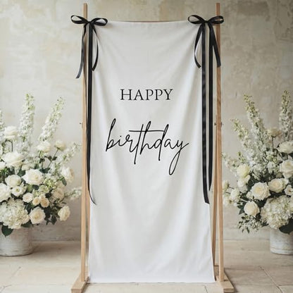 Tingjoo 27x78" Happy Birthday Banner White, Black Backdrop Bow Hanging - color: White, Black, style: Happy Birthday