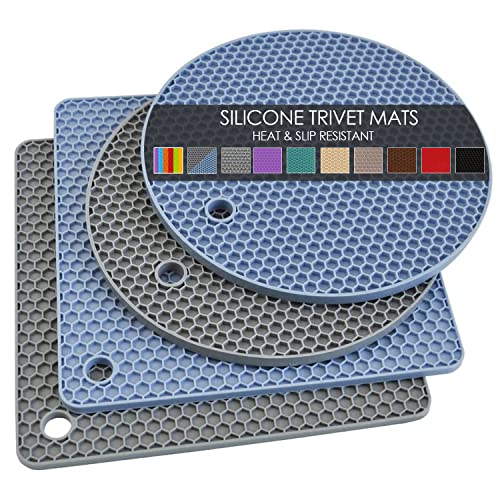 Trivets for Hot Dishes, 4 Pack Silicone Hot Pads for Kitchen, Non-Slip Heat Resistant Silicone Mat for Countertops, Spoon Rest, Multipurpose Food Grade Thick Trivet(Gray& Blue) Pot Holders - color: 001 Morandi Gray + Morandi Blue, size: 7x7in