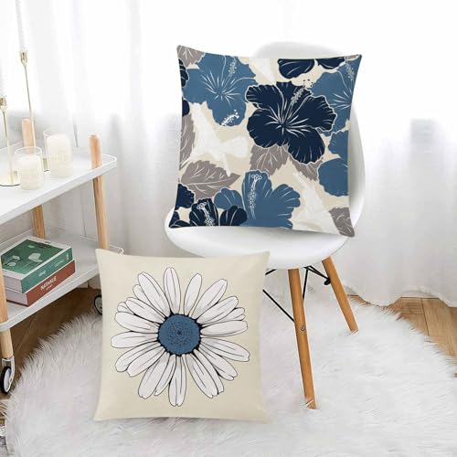 COMMINY Blue Beige Pillow Covers 16x16, Set of 6 Floral Throw Pillow Covers - color: Blue White Beige, size: 16" x 16" (Pack of 6)