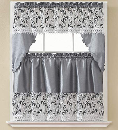 B&H Home Madison Floral Embroidered 3-Piece Kitchen Curtain Window Treatment Set (Madison Sliver) - color: Madison Sliver