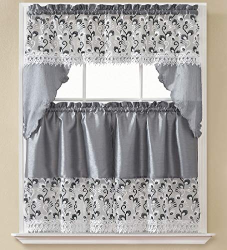 B&H Home Madison Floral Embroidered 3-Piece Kitchen Curtain Window Treatment Set (Madison Sliver) - color: Madison Sliver