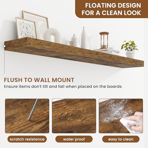 Floating Shelves for Wall, Wall Mounted Wood Shelves, Brown, Set of 2, 55in - color: Rustic Brown, size: 55"W x 6.5"D , 2 Pack
