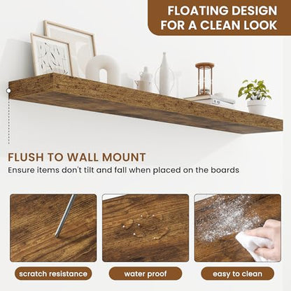 Floating Shelves for Wall, Wall Mounted Wood Shelves, Brown, Set of 2, 55in - color: Rustic Brown, size: 55"W x 6.5"D , 2 Pack