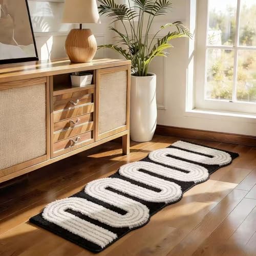 Geometric Design Boho Runner Bathroom Rugs, Long Scalloped Cute Bath Mat Non Slip for Bedroom Kitchen Hallway Laundry Room, Funky Retro Farmhouse Bath Rug Washable, Black/Grey, 51"x20" - color: Black, size: 1'8" x 4'3" (Rectangular)