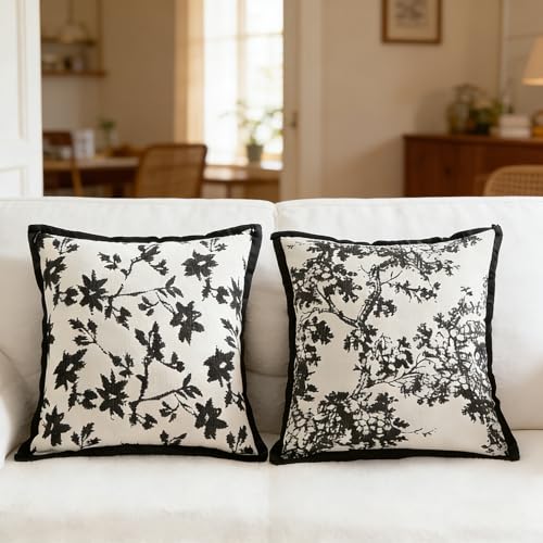 Maple Leaf Plant Pillow Cover for Couch Modern Cream Style Pillow Covers Snow Neil Courtyard Living Room Home Pillow Cover for Living Room Sofa Bed,2-Pack Set (Black, 18 * 18 inch) - color: Leaf+branch Black