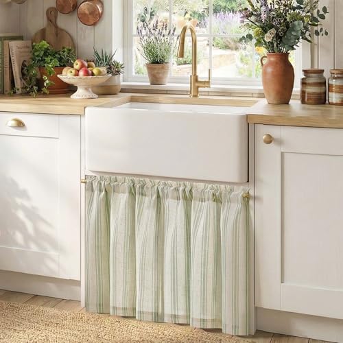 jinchan Linen Striped Tier Curtains for Kitchen Windows Farmhouse - color: Striped Green | on Beige, size: 26"W x 24"L (Pack of 2)