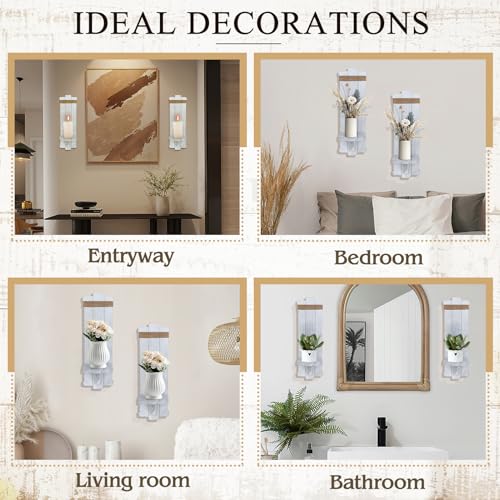 Alphatool Handmade Wooden Candle Sconces Set of 2 Farmhouse Wall Decor - color: Grayish-white
