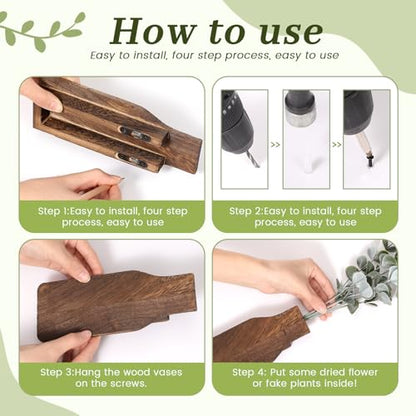 Kathfly 3pcs Wooden Wall Planter Vase with 3pcs Artificial Eucalyptus Boho Hanging Planter for Indoor Plants Wood Wall Art Decor Modern Farmhouse Entryway Bathroom Decor
