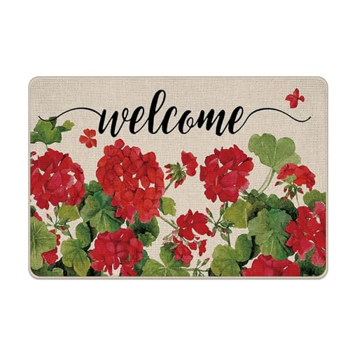 Welcome Spring Geranium Decorative Front Door Mat - color: Red, size: 2'8" X 4' (Rectangular)