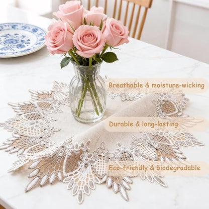 2 Pcs Lace Doily, 15" Round Neutral Earth Tones Beige Lace Coffee Table Topper Linen Style Tablecloth Placemats with Embroidery Edge for Dining Room - size: 15"