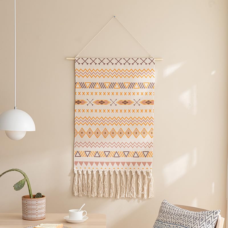Cotton Wall Tapestry Hanging Decor, 20x34 Large Macrame Woven Boho Chic Bohemian Abstract Geometric Printed Tapestries Decor Gift for Apartment Dorm Kids Livingroom Bedroom Door Entrance Home Office