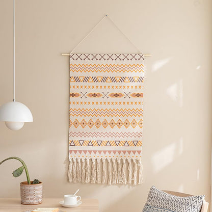 Cotton Wall Tapestry Hanging Decor, 20x34 Large Macrame Woven Boho Chic Bohemian Abstract Geometric Printed Tapestries Decor Gift for Apartment Dorm Kids Livingroom Bedroom Door Entrance Home Office