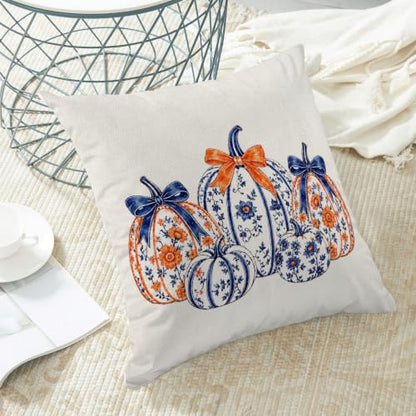 BETGINY Fall Throw Pillow Covers 18x18 Inch 2Pcs Blue Chinoiserie Pumpkins - color: Burnt Orange Blue White, size: 18" x 18" (Pack of 2)