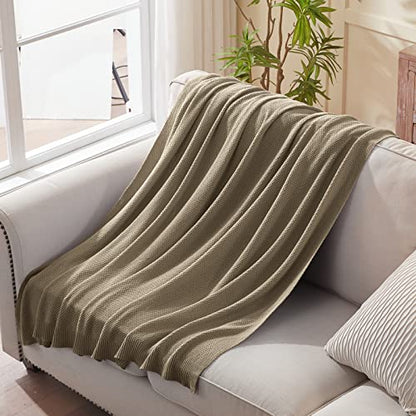 TREELY 100% Cotton Khaki Knitted Throw Blanket 50"x60" - color: Khaki, size: Throw(50" x 60")