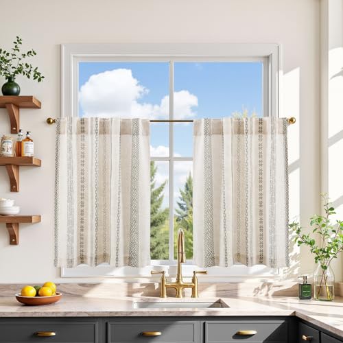 jinchan Liora Grey Boho Linen Tier Curtains 24 Inches Back Tab 2 Panels - color: Liora | Grey on Linen, size: 26"W x 24"L (Pack of 2)