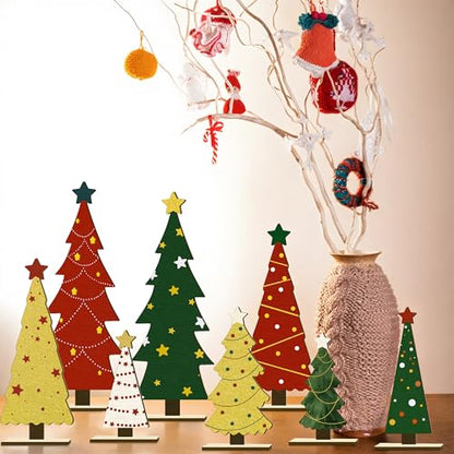 8PCS Christmas Wooden Tabletop Tree Decorations Set, Winter Holiday Wood Tree Table Centerpieces Fireplace Mantel Decor Merry Xmas Sign Table Top Party Supplies