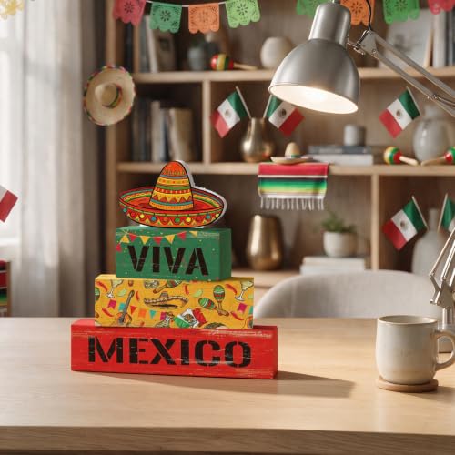 Smile Mexican Independence Day Wooden Block Decor Set Viva Mexico Sombrero Tiered Tray Tabletop Signs for Home and Party Decor - style: Mexico