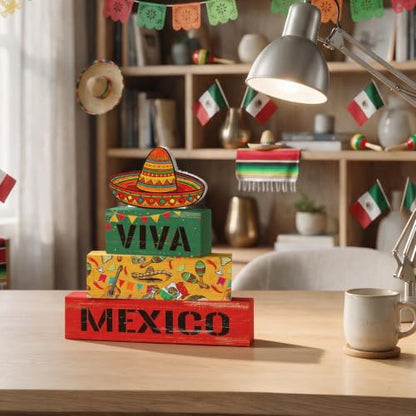 Smile Mexican Independence Day Wooden Block Decor Set Viva Mexico Sombrero Tiered Tray Tabletop Signs for Home and Party Decor - style: Mexico