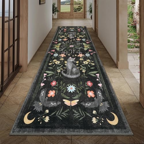 GarveeHome 2.5x8 Cat Washable Runner Rug for Hallway, Soft Black Long Kitchen Runner Non Slip Mushroom Insect Entryway Rug Floral Laundry Mat Stain Resistant Carpet for Bathroom Beside Rug - color: Black, size: 2'6" x 8' (Rectangular)