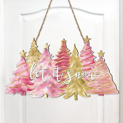 Soaoo Christmas Door Sign Pink Welcome Wooden Hanging Sign - style: Cute Style