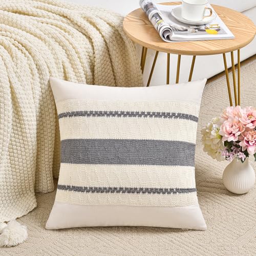 Fancy Homi Set of 2 Neutral Grey Farmhouse Small Decorative Throw Pillow Covers 14x14 Inch for Couch Bed Chair, Vintage Country Rustic Retro Room Decor, Soft Thick Cotton Handmade Woven Cushion Case - color: Gray, size: 14" x 14" (Pack of 2)