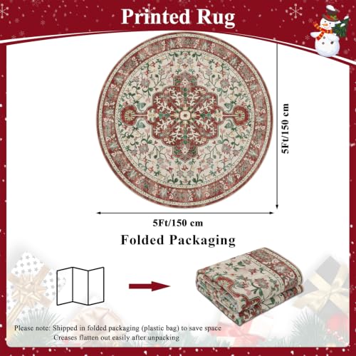 U'Artlines Red Christmas Round Area Rug 5ft Boho Washable Holiday Carpet - color: Christmas Red, size: 5' (Round)
