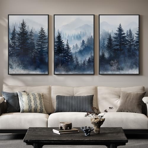 Framed Blue Foggy Forest Mountain Wall Art for Living Room, 3 Piece, 24x36 - color: Blue, size: 24" W x 36" H x 3Pcs