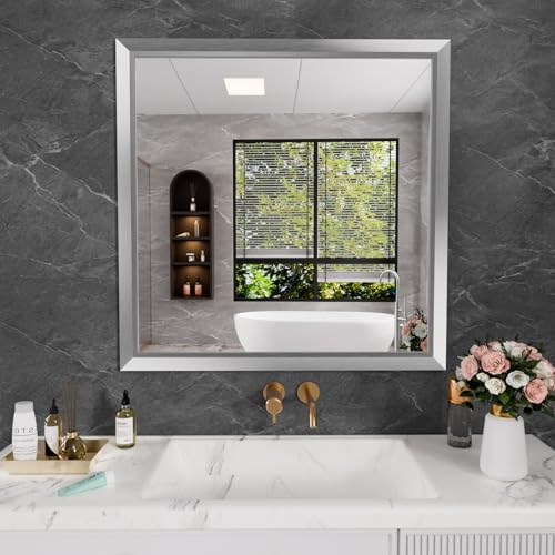 Amorho Bathroom Mirror for Wall 36x36 Inch, Brushed Silver Metal Framed - color: Silver, size: 36"L x 36"W