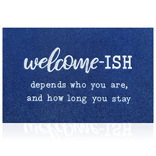 JJUUYOU Large Door Mat Welcome Doormat Low Profile Floor Mats Front Doormats Blue Welcome-ish Indoor Door Mats Non Slip Absorbent Resist Dirt Entrance Doormat for Entryway, Patio 24"x36" - color: Welcome Ish-blue, size: 24" x 36"